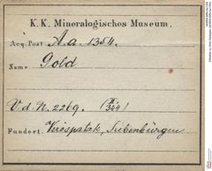 Etiketten zu Gold Gediegen (NHMW-MIN-Aa1354)